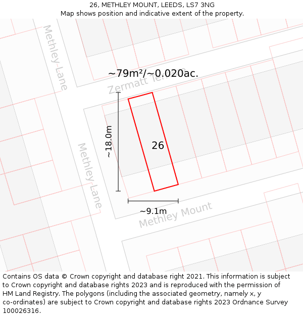 26, METHLEY MOUNT, LEEDS, LS7 3NG: Plot and title map