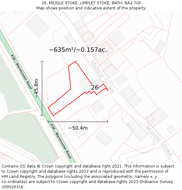 26, MIDDLE STOKE, LIMPLEY STOKE, BATH, BA2 7GF: Plot and title map