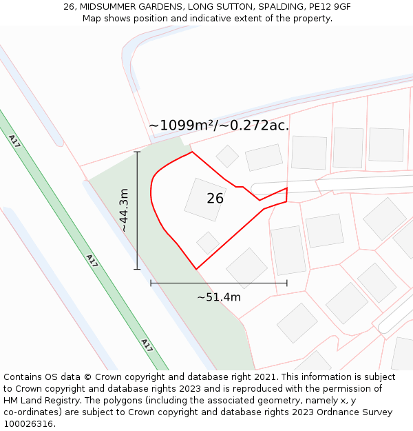 26, MIDSUMMER GARDENS, LONG SUTTON, SPALDING, PE12 9GF: Plot and title map