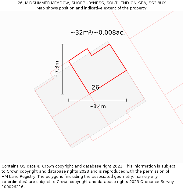 26, MIDSUMMER MEADOW, SHOEBURYNESS, SOUTHEND-ON-SEA, SS3 8UX: Plot and title map