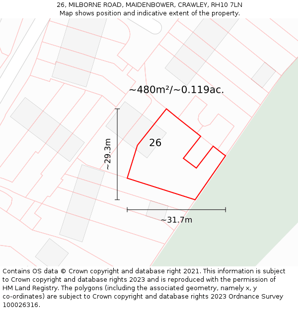 26, MILBORNE ROAD, MAIDENBOWER, CRAWLEY, RH10 7LN: Plot and title map