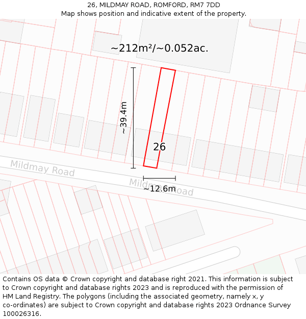 26, MILDMAY ROAD, ROMFORD, RM7 7DD: Plot and title map