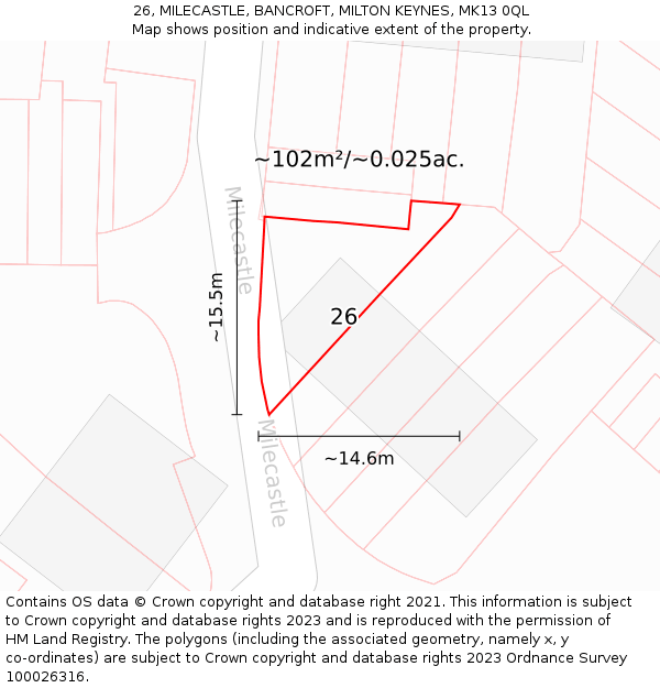 26, MILECASTLE, BANCROFT, MILTON KEYNES, MK13 0QL: Plot and title map