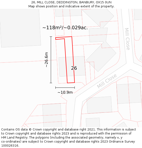 26, MILL CLOSE, DEDDINGTON, BANBURY, OX15 0UN: Plot and title map