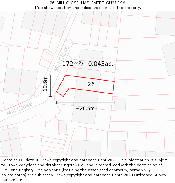 26, MILL CLOSE, HASLEMERE, GU27 1SA: Plot and title map