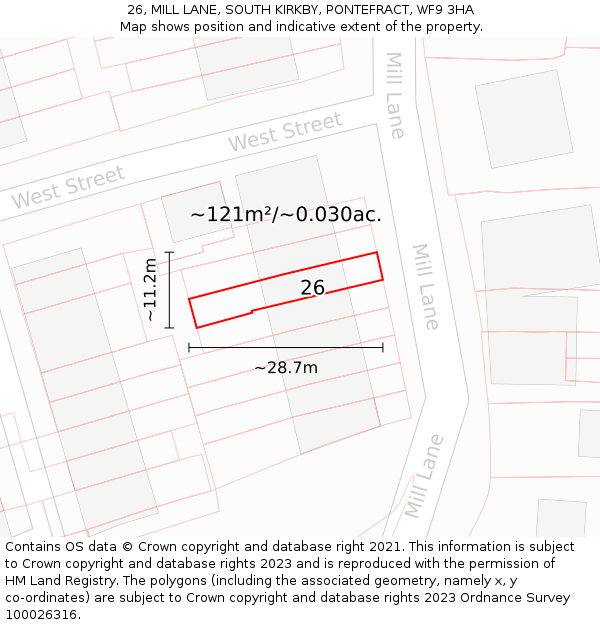 26, MILL LANE, SOUTH KIRKBY, PONTEFRACT, WF9 3HA: Plot and title map