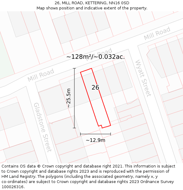26, MILL ROAD, KETTERING, NN16 0SD: Plot and title map