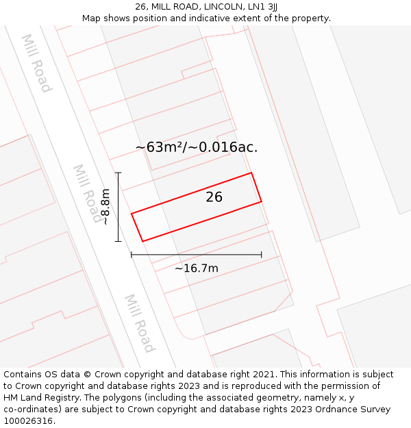26, MILL ROAD, LINCOLN, LN1 3JJ: Plot and title map