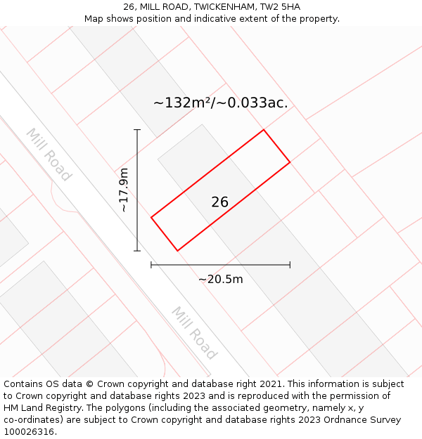 26, MILL ROAD, TWICKENHAM, TW2 5HA: Plot and title map