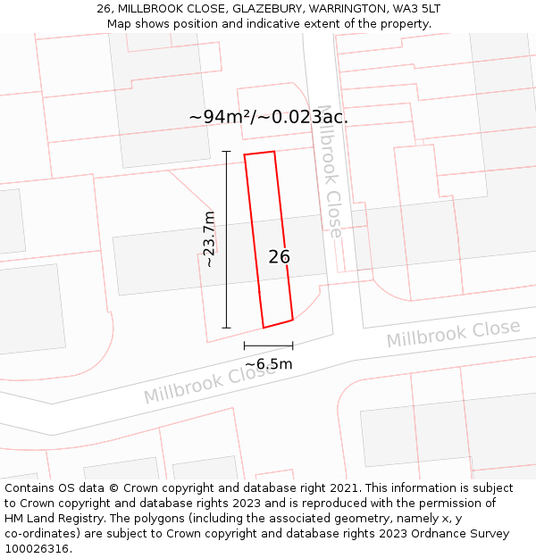 26, MILLBROOK CLOSE, GLAZEBURY, WARRINGTON, WA3 5LT: Plot and title map