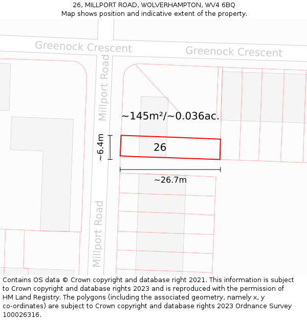 26, MILLPORT ROAD, WOLVERHAMPTON, WV4 6BQ: Plot and title map
