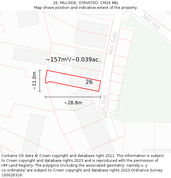 26, MILLSIDE, STANSTED, CM24 8BL: Plot and title map