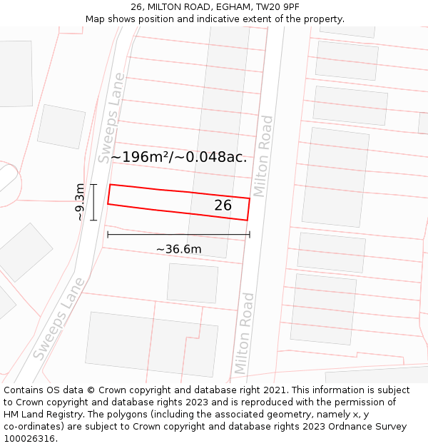 26, MILTON ROAD, EGHAM, TW20 9PF: Plot and title map