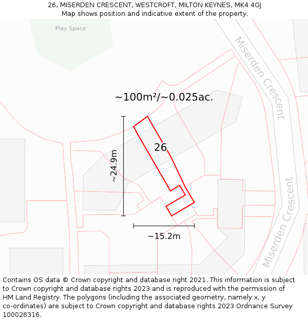 26, MISERDEN CRESCENT, WESTCROFT, MILTON KEYNES, MK4 4GJ: Plot and title map