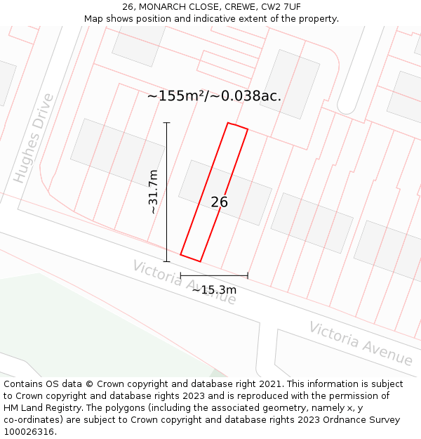 26, MONARCH CLOSE, CREWE, CW2 7UF: Plot and title map