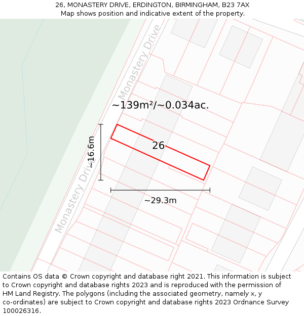 26, MONASTERY DRIVE, ERDINGTON, BIRMINGHAM, B23 7AX: Plot and title map