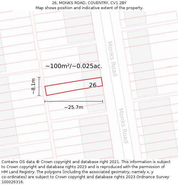 26, MONKS ROAD, COVENTRY, CV1 2BY: Plot and title map