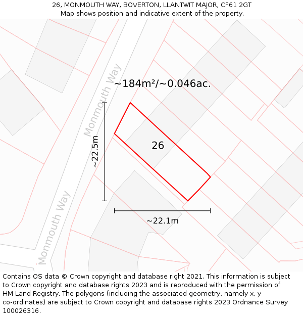26, MONMOUTH WAY, BOVERTON, LLANTWIT MAJOR, CF61 2GT: Plot and title map