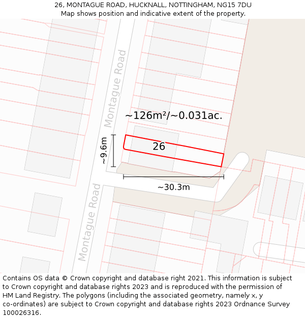 26, MONTAGUE ROAD, HUCKNALL, NOTTINGHAM, NG15 7DU: Plot and title map