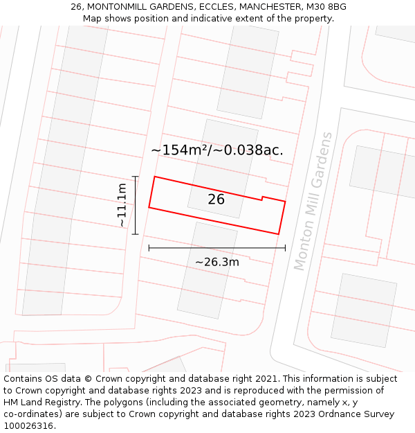 26, MONTONMILL GARDENS, ECCLES, MANCHESTER, M30 8BG: Plot and title map