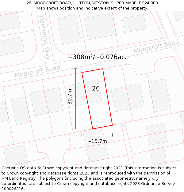 26, MOORCROFT ROAD, HUTTON, WESTON-SUPER-MARE, BS24 9RR: Plot and title map