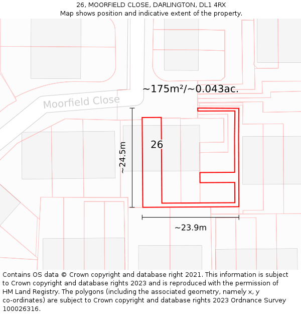 26, MOORFIELD CLOSE, DARLINGTON, DL1 4RX: Plot and title map