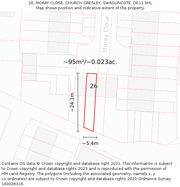 26, MORAY CLOSE, CHURCH GRESLEY, SWADLINCOTE, DE11 9HL: Plot and title map