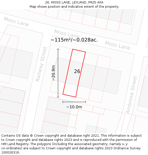 26, MOSS LANE, LEYLAND, PR25 4XA: Plot and title map