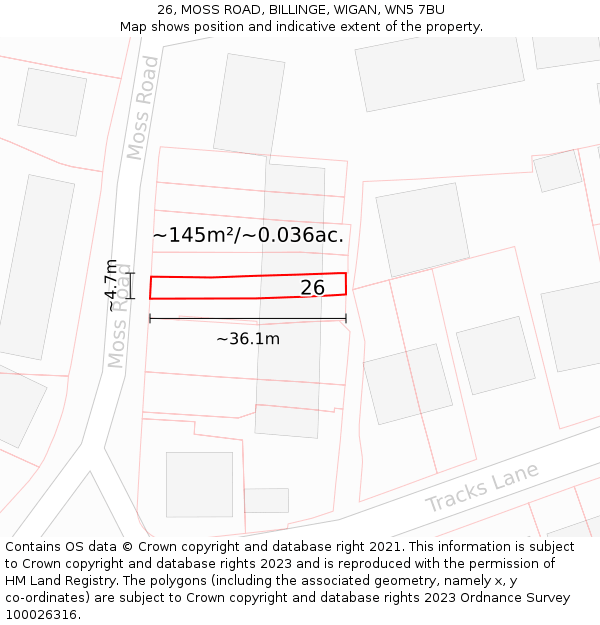 26, MOSS ROAD, BILLINGE, WIGAN, WN5 7BU: Plot and title map