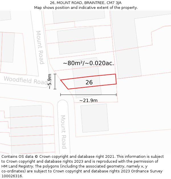 26, MOUNT ROAD, BRAINTREE, CM7 3JA: Plot and title map
