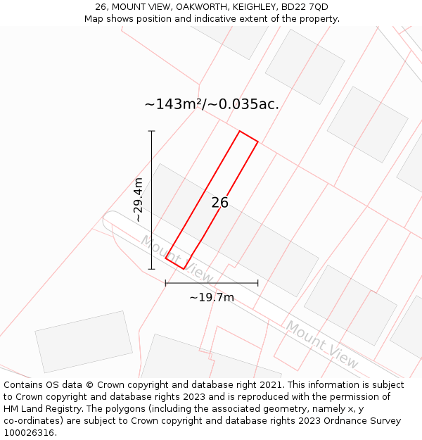 26, MOUNT VIEW, OAKWORTH, KEIGHLEY, BD22 7QD: Plot and title map