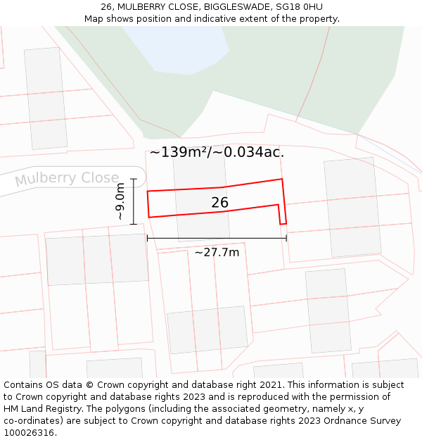 26, MULBERRY CLOSE, BIGGLESWADE, SG18 0HU: Plot and title map