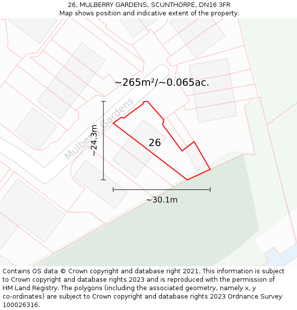 26, MULBERRY GARDENS, SCUNTHORPE, DN16 3FR: Plot and title map
