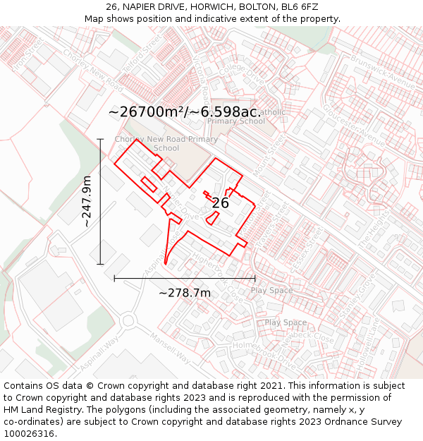 26, NAPIER DRIVE, HORWICH, BOLTON, BL6 6FZ: Plot and title map