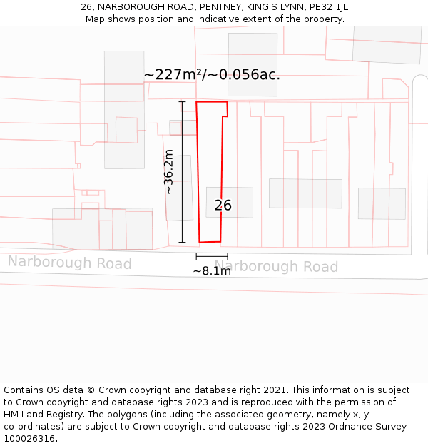 26, NARBOROUGH ROAD, PENTNEY, KING'S LYNN, PE32 1JL: Plot and title map