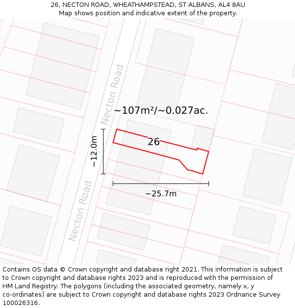 26, NECTON ROAD, WHEATHAMPSTEAD, ST ALBANS, AL4 8AU: Plot and title map
