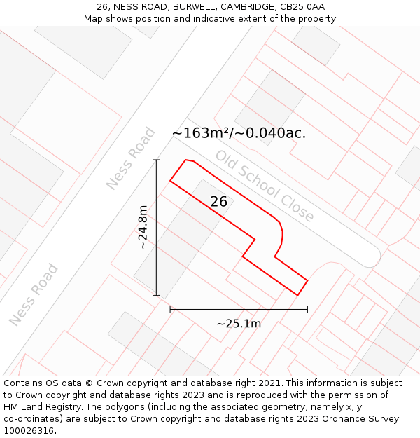 26, NESS ROAD, BURWELL, CAMBRIDGE, CB25 0AA: Plot and title map