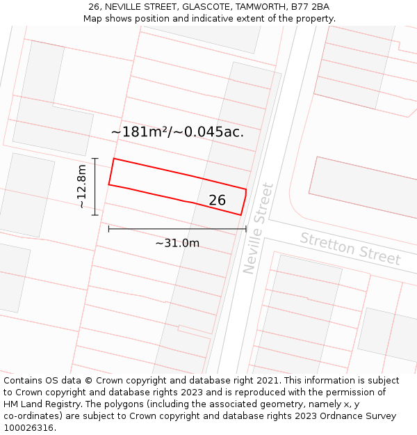 26, NEVILLE STREET, GLASCOTE, TAMWORTH, B77 2BA: Plot and title map