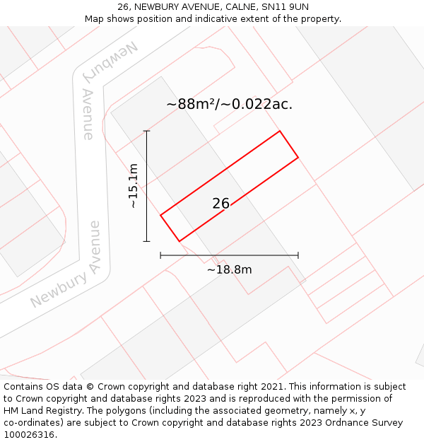 26, NEWBURY AVENUE, CALNE, SN11 9UN: Plot and title map