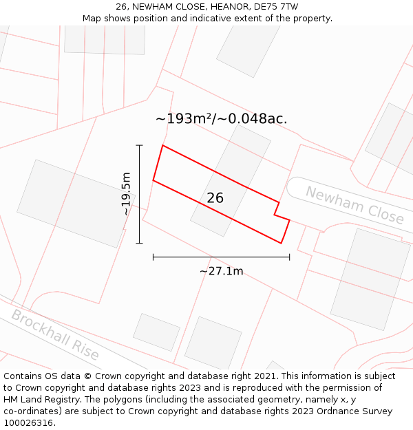 26, NEWHAM CLOSE, HEANOR, DE75 7TW: Plot and title map