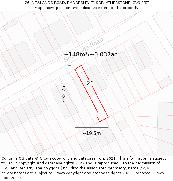 26, NEWLANDS ROAD, BADDESLEY ENSOR, ATHERSTONE, CV9 2BZ: Plot and title map