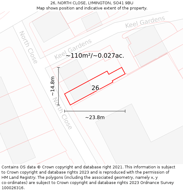 26, NORTH CLOSE, LYMINGTON, SO41 9BU: Plot and title map