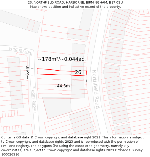 26, NORTHFIELD ROAD, HARBORNE, BIRMINGHAM, B17 0SU: Plot and title map