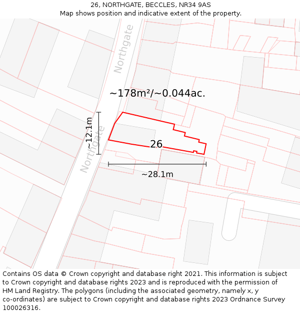 26, NORTHGATE, BECCLES, NR34 9AS: Plot and title map