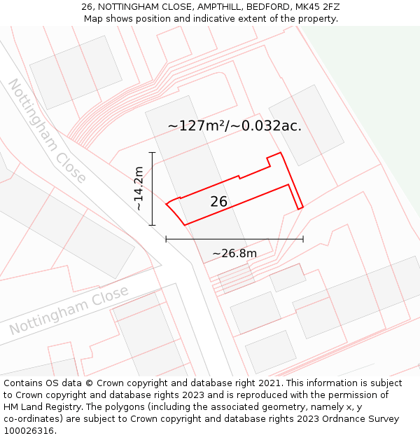 26, NOTTINGHAM CLOSE, AMPTHILL, BEDFORD, MK45 2FZ: Plot and title map