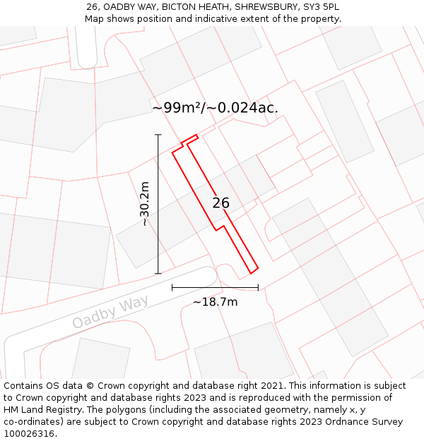 26, OADBY WAY, BICTON HEATH, SHREWSBURY, SY3 5PL: Plot and title map
