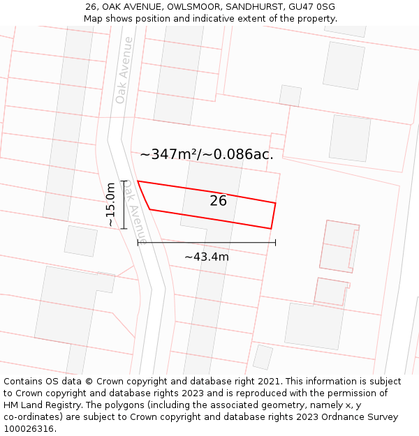 26, OAK AVENUE, OWLSMOOR, SANDHURST, GU47 0SG: Plot and title map