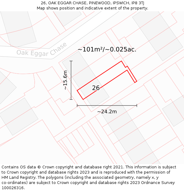 26, OAK EGGAR CHASE, PINEWOOD, IPSWICH, IP8 3TJ: Plot and title map