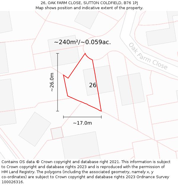 26, OAK FARM CLOSE, SUTTON COLDFIELD, B76 1PJ: Plot and title map