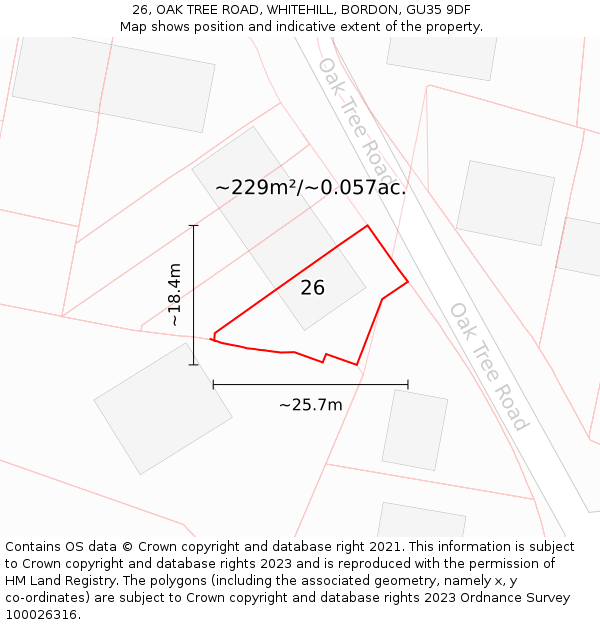 26, OAK TREE ROAD, WHITEHILL, BORDON, GU35 9DF: Plot and title map
